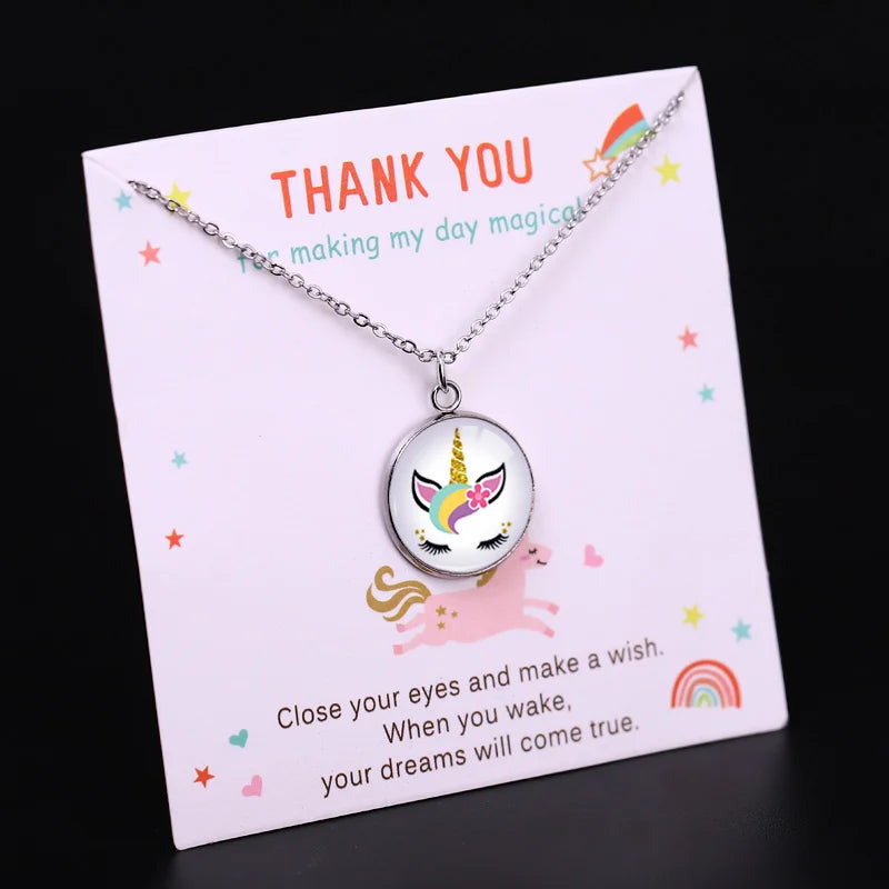 Gift for Her Wedding Bridesmaid Gift Stainless Steel Base Glass Cabochon Statement Jewelry Unicorn Pendant Necklace for Women