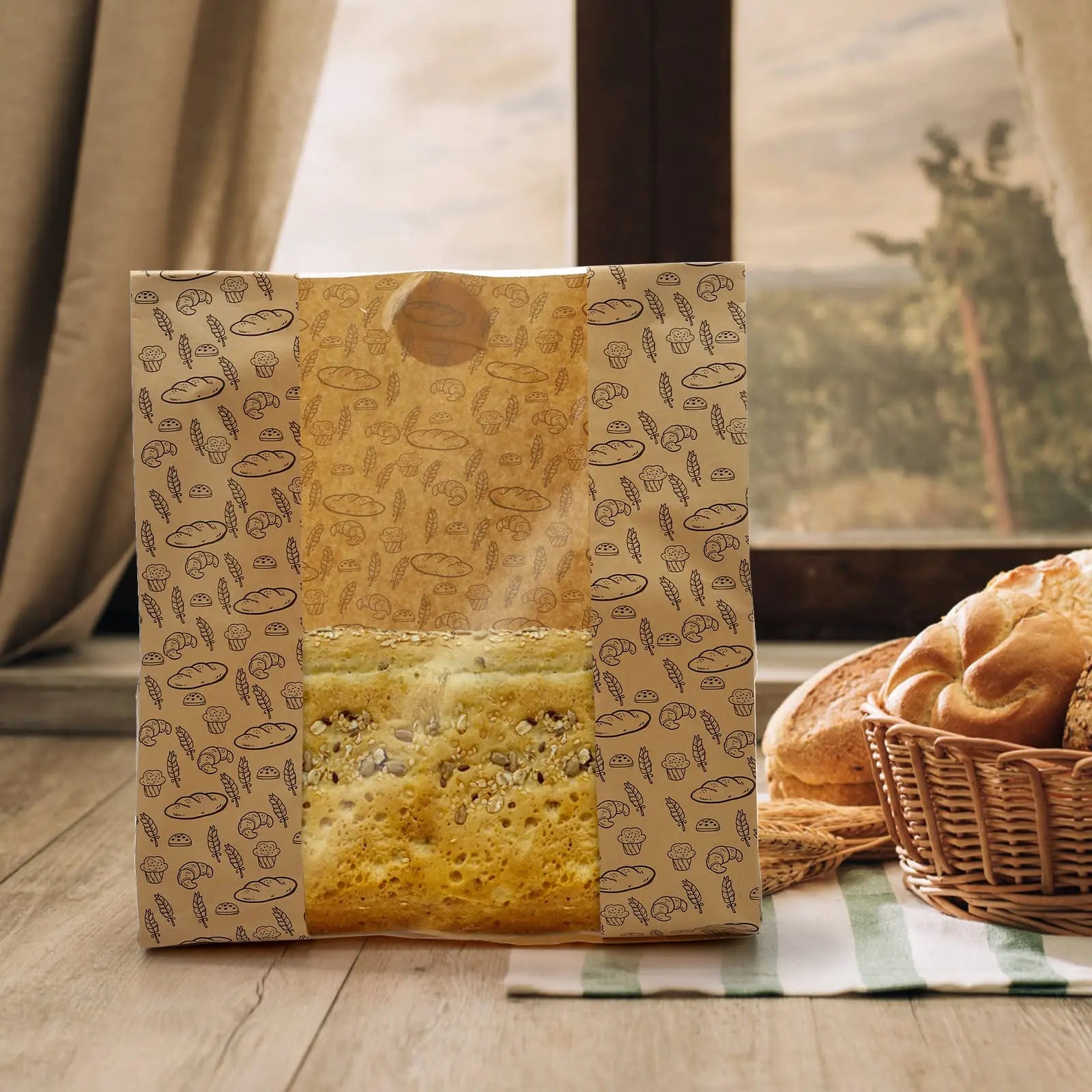 Exquisite Food Bakery Kraft Fresh Bread Packaging Paper Bag With Transparent Vertical Front Window
