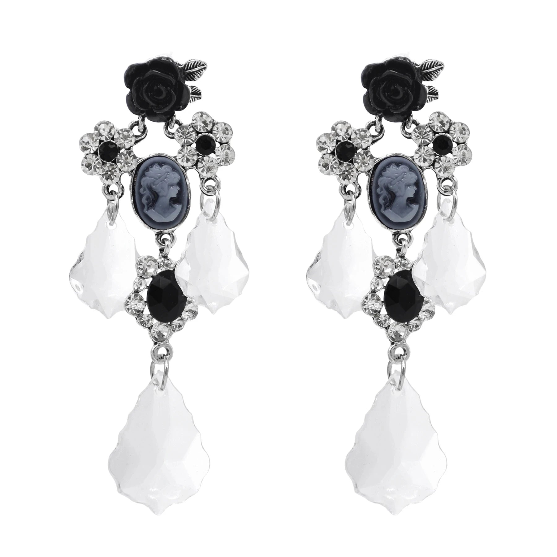 Baroque Water Drop Woman Image Black Rose Crystal Flower Black Rhine Stone Clear Stone Water Drop Pendant Dangle Earrings