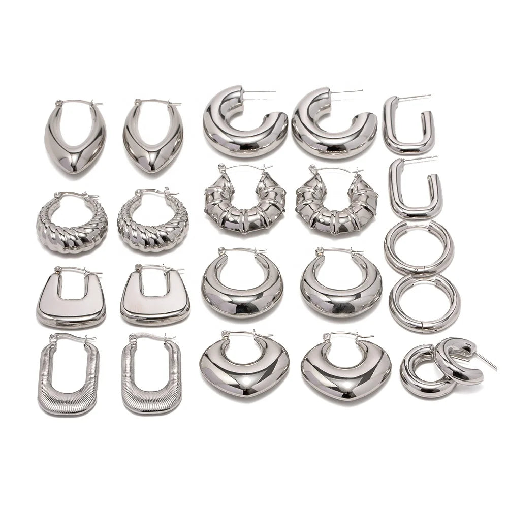 Hypoallergenic Heart Geometric C Shape Silver Plated Stainless Steel Chunky Hollowed Statement Earrings