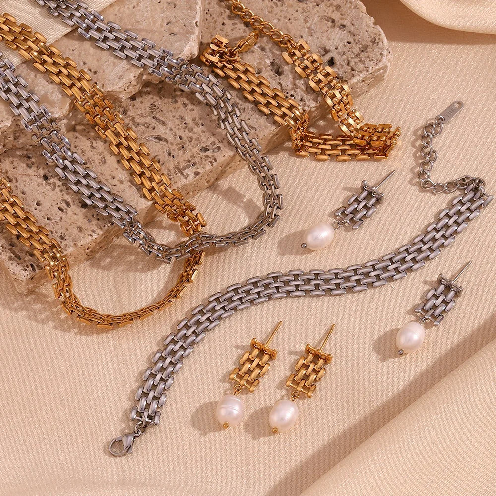 Chunky Watchband Chain Jewelry Set 18k Gold Plated Fresh Water Pearl Earring Necklace Set Joyeria De Acero Inoxidable