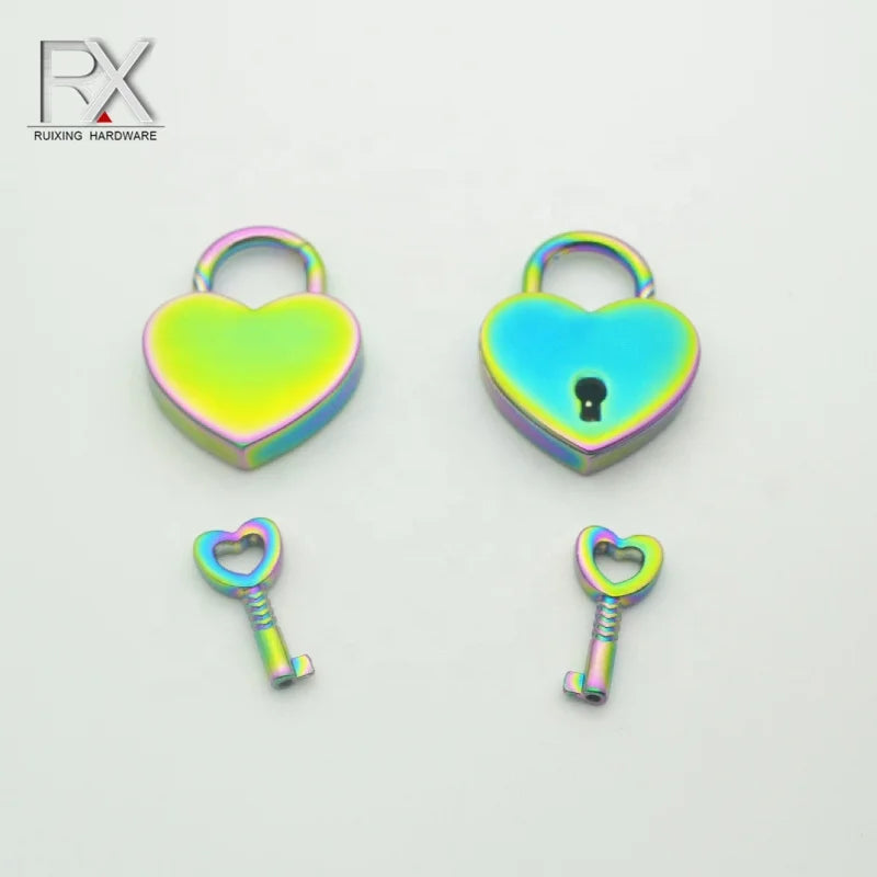 Rainbow Color Metal Zinc Alloy Heart Shaped Padlock with Key Bag Lock Jewelry Box love Heart-shape Lock Clasps for Handbag