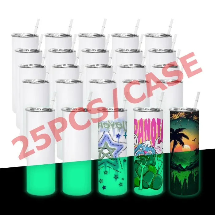 RTS USA 20oz Glow in the Dark White to Green Straight Stainless Steel Tumbler with Straw Stocked at Warehouse for Sublimation