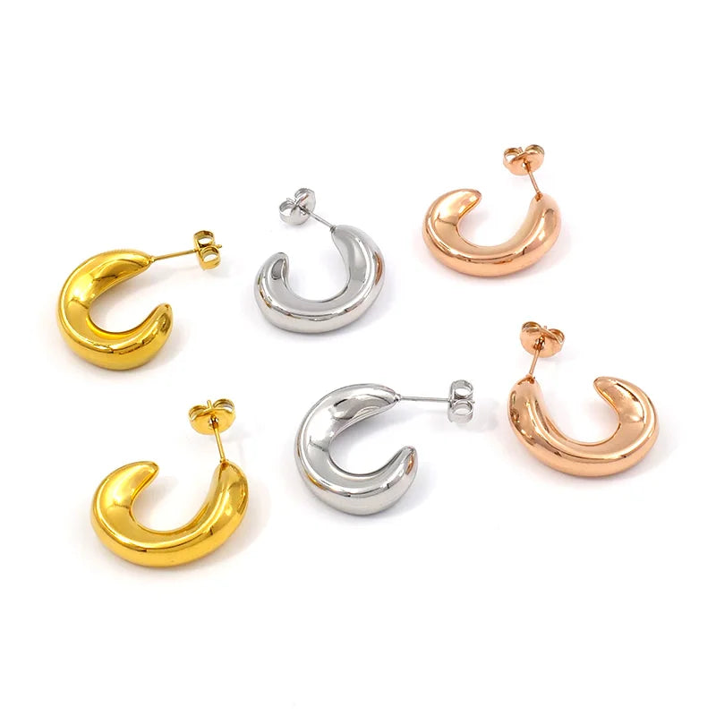 Wholesale 18K Gold Plated C Shape Hoop Earrings Fashionable Minimalist Stainless Steel Rose Ear Rings Women Tarnish Free Jewelry