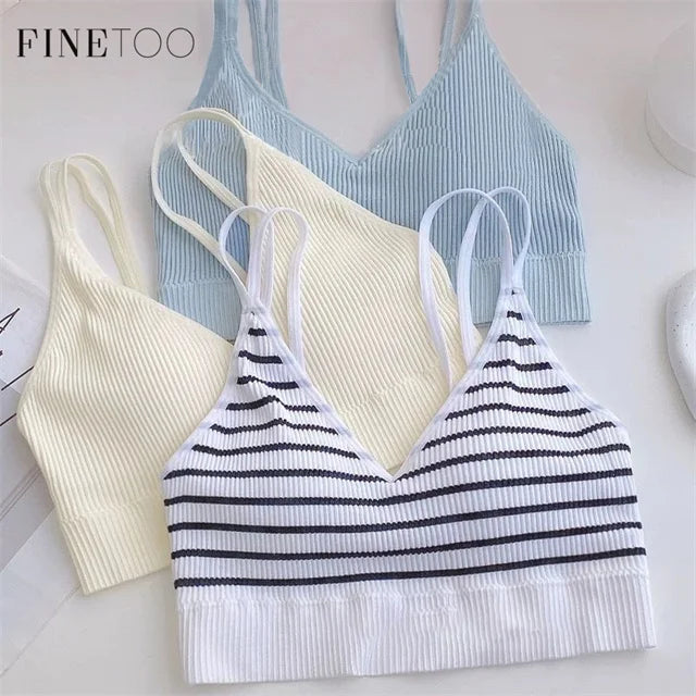 FINETOO Hot Fashon Women Stripe Crop Tops Basic Knitted Women Tank Top Streetwear Short Vest Ribbed Underwear Short Camisole