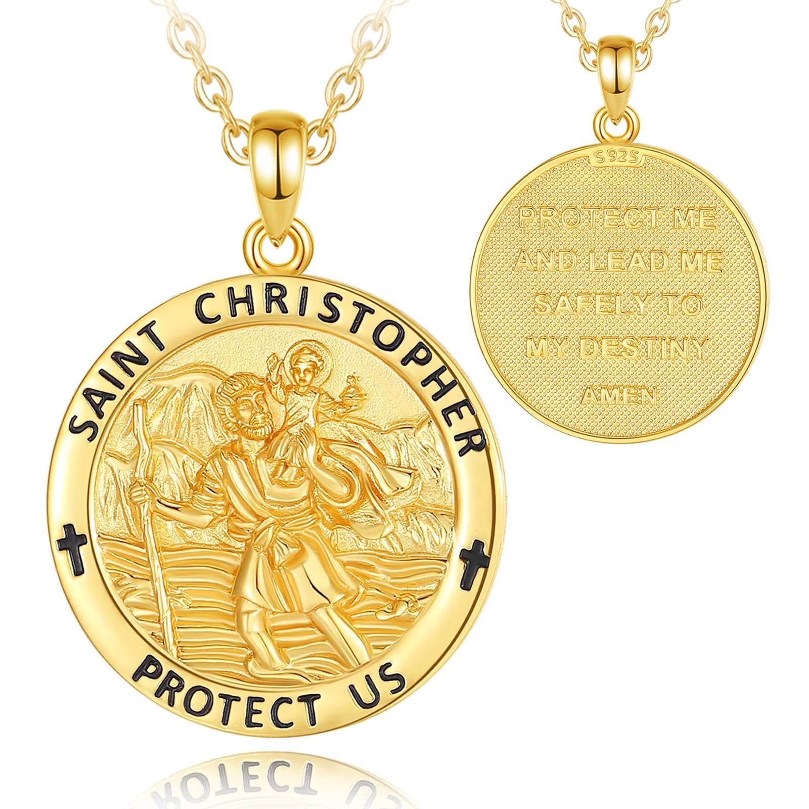 925 Sterling Silver 18K Gold Plated Religious Jewelry Spiritual Saint Christopher Round Shaped Pendant Necklace for Men