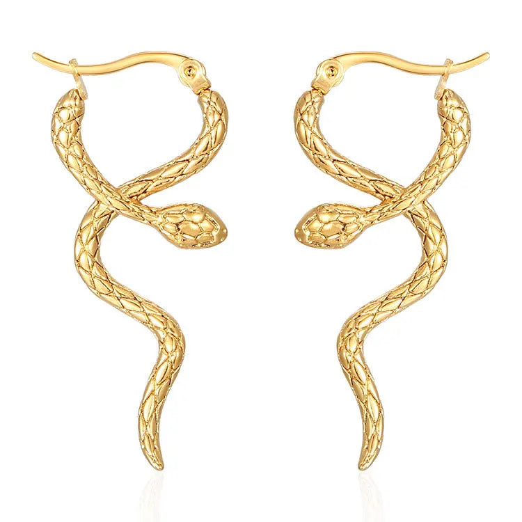 Fashion PVD Gold Long Snake Dangle Statement Earrings Jewelry Personalized Stainless Steel Cross Wrap Snake Hoop Earrings Women
