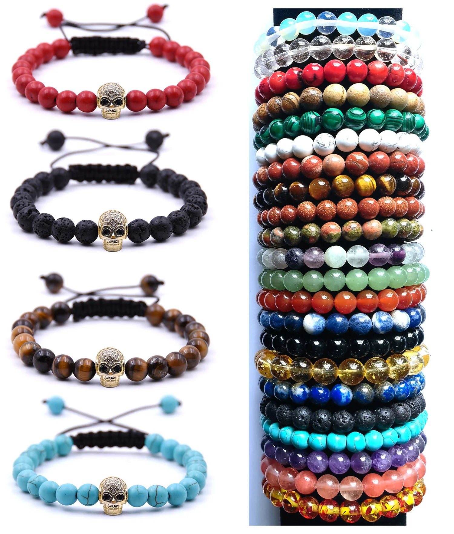Adjustable Golden Skull Gemstone Beads Bracelets for Men Friendship Aromatherapy Diffuser Woven 8MM Beaded Bangle Jewelry CN;ZHE