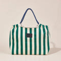 Custom Summer Green Vertical Striped Tote Bag for Women Eco-Friendly Fashionable Open Shoulder Drawstring Shopping Bag Letter