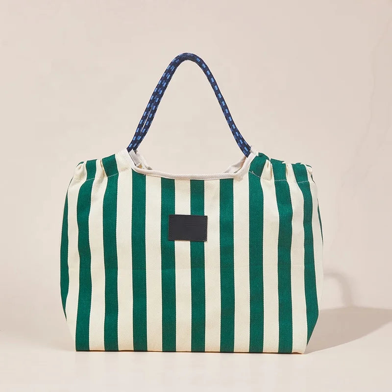Custom Summer Green Vertical Striped Tote Bag for Women Eco-Friendly Fashionable Open Shoulder Drawstring Shopping Bag Letter