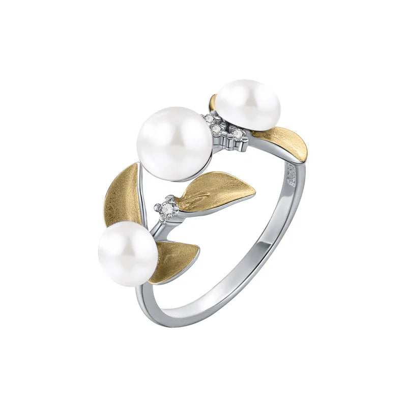 925 Sterling Silver Potato Shape Pearl Trendy Three-Pearl Leaf Design Wedding Party Ring Women's Silver Plated Jewelry