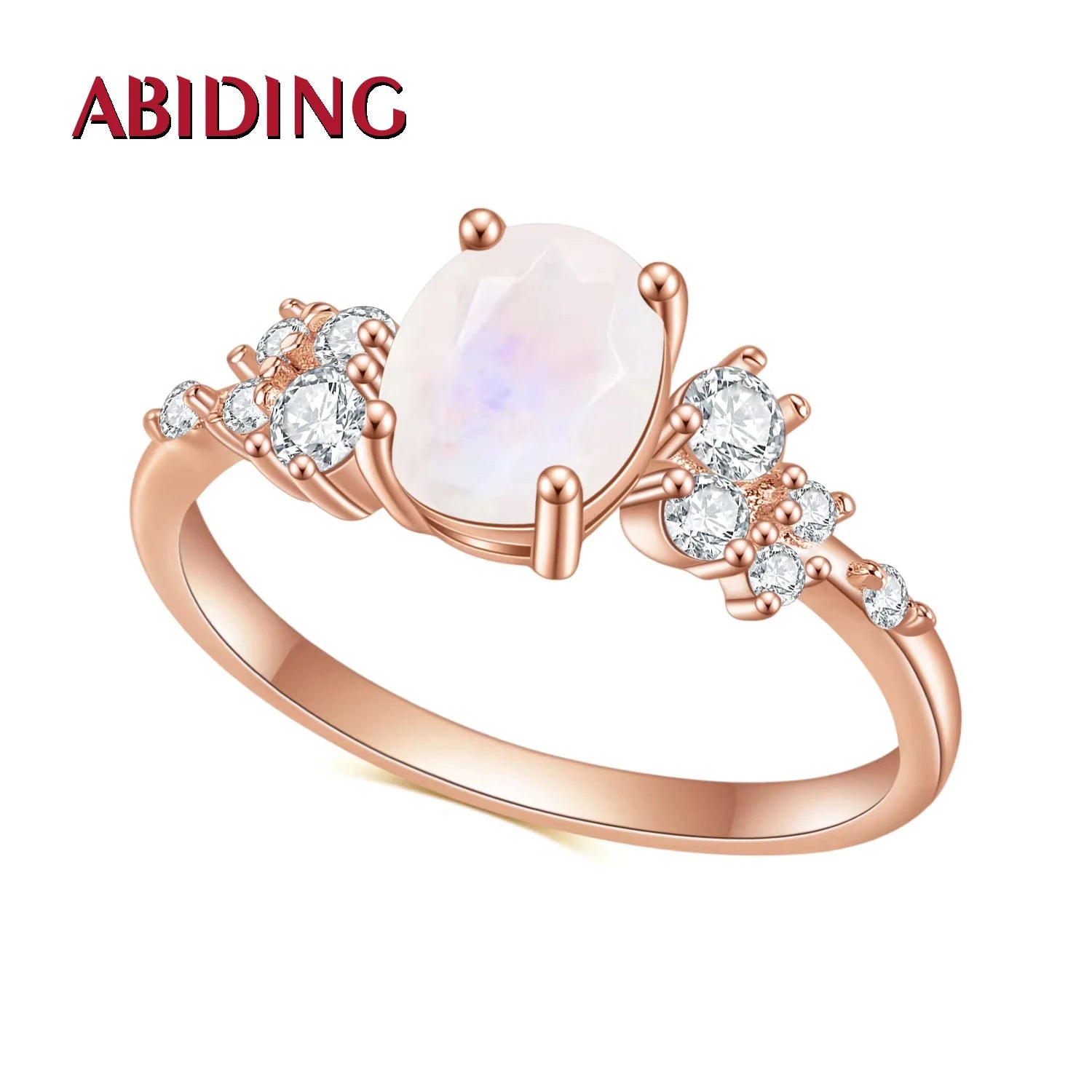 OL0897 Abiding Factory Rose Gold Plated 925 Sterling Silver Oval Gemstone Rainbow Milky Blue Moonstone Engagement Rings