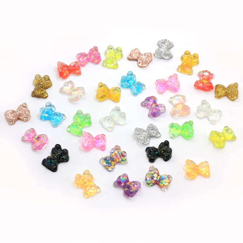 Custom 100pcs Miniature Glitter Gummy Bear Sticker Resin Bead Cabochons Kawaii Decor Assorted Colors DIY Nail Art Beauty
