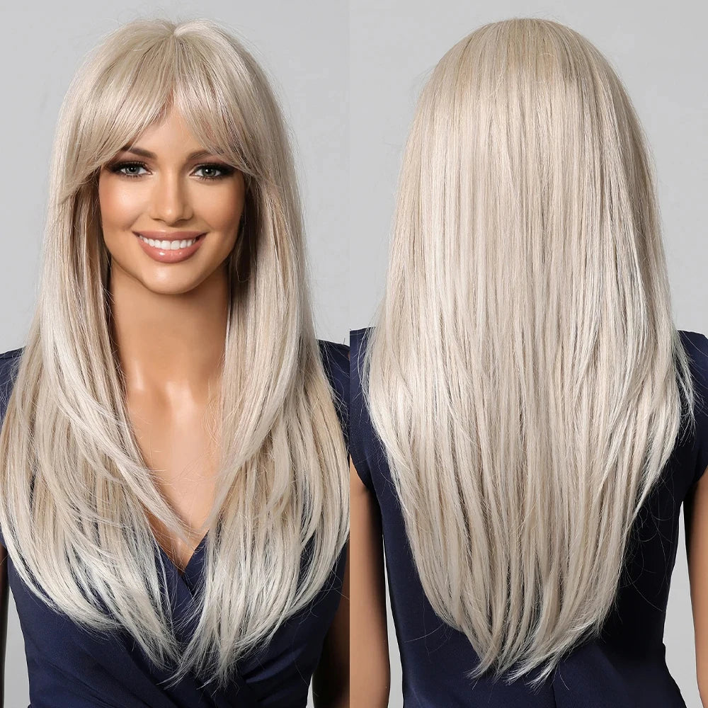 Blonde Layered Synthetic Wigs with Bangs Long Straight Wig for Women Girls Soft Natural Daily Hair Heat Resistant Wig