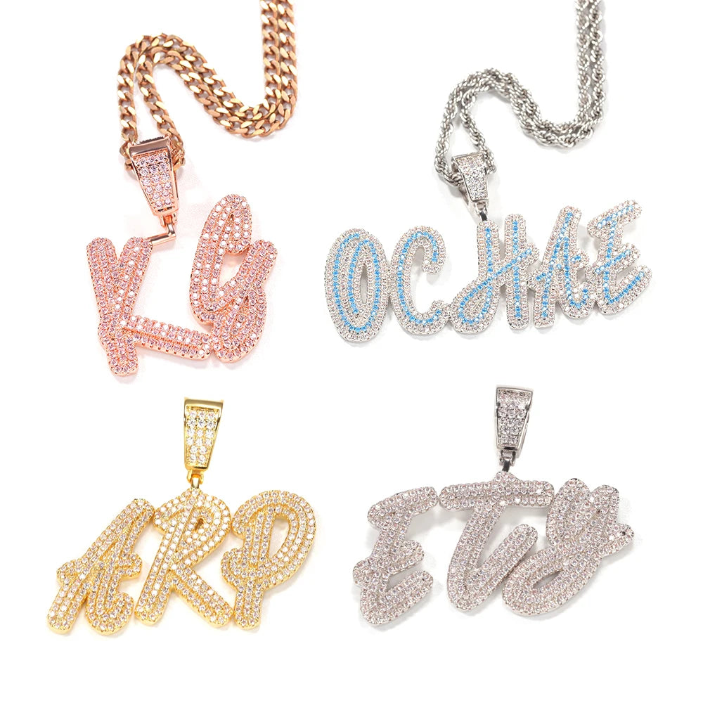 Hot Sale Cursive Letters Cubic Zirconia Chain Initial Men Hiphop Iced Out Two Layers Cursive Letters Name Pendant Custom