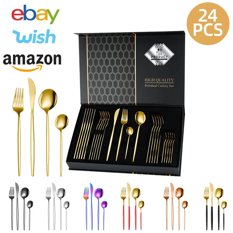 24pcs Luxury Stainless Steel Flatware Set Wedding Iridescent Gold Cutlery Royal Design Reusable Fine Fork Spoon Knife Tableware