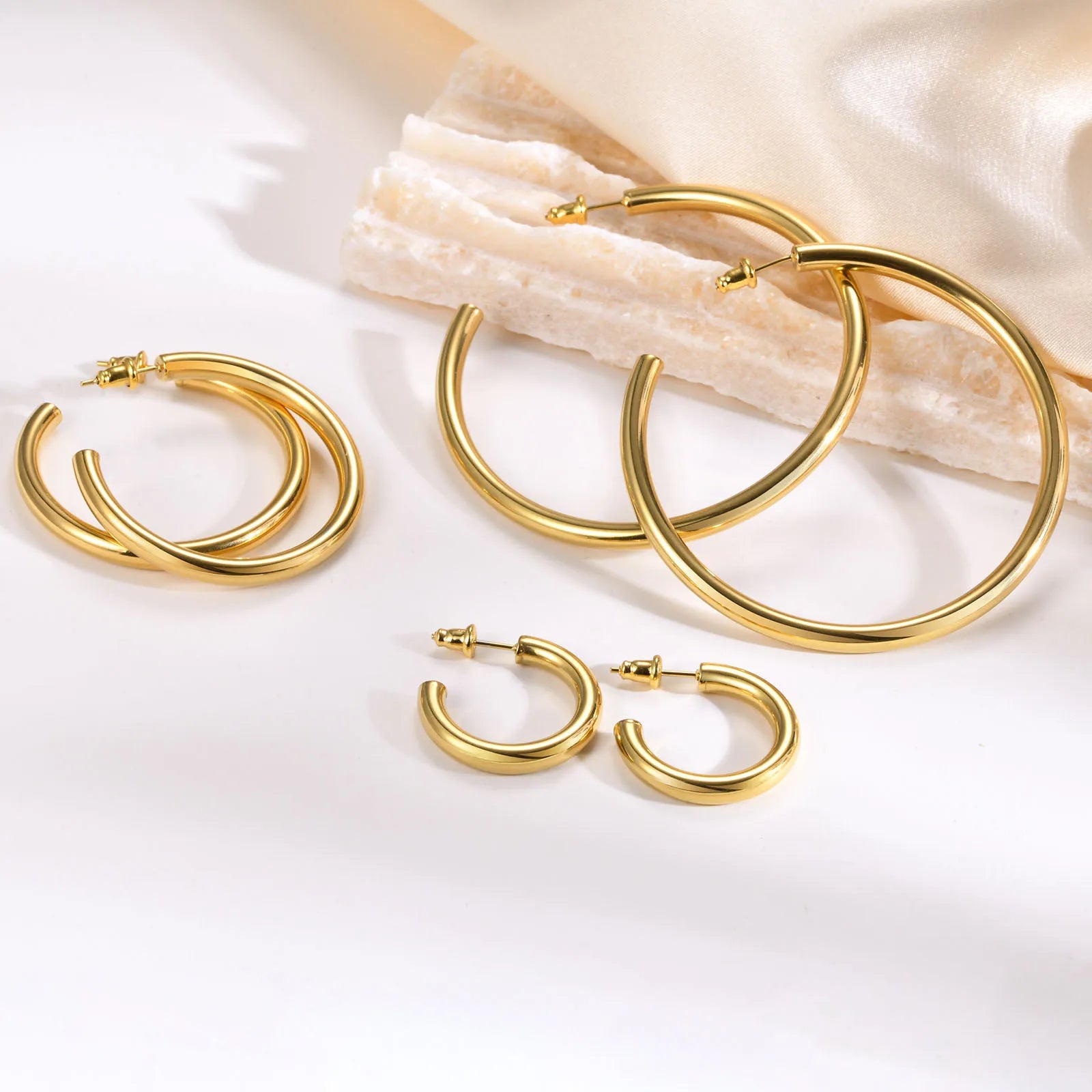 Hypoallergenic Plain Circle Hoop Earrings 18K Gold Plated Stainless Steel Statement Stacked Earrings Extra Large Earrings