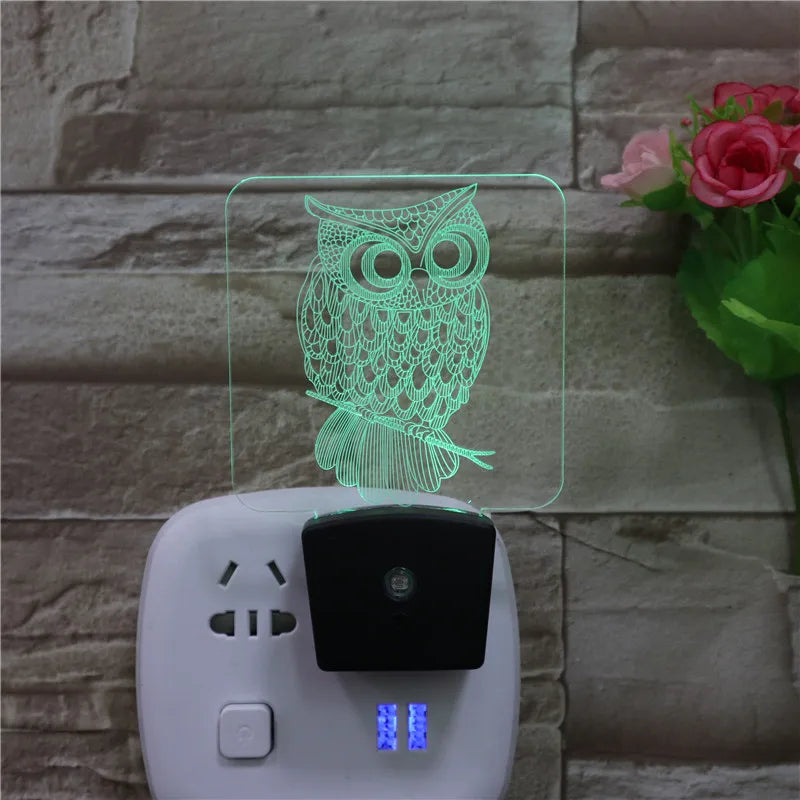 Cute Little Owl Night Light Mini Wall Lamp with US European Socket 3D Illusion Lamp for Bedroom