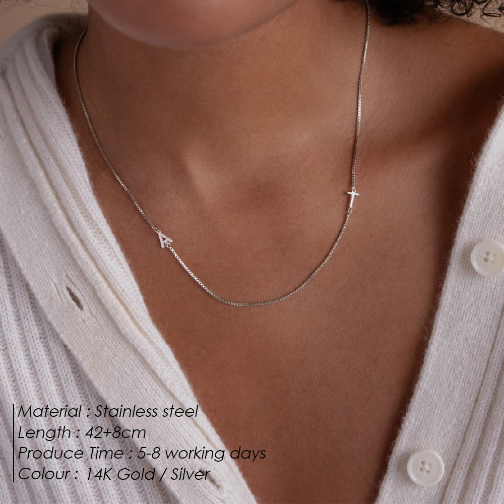 EManco Minimalist Stainless Steel Initial Necklace Personalized Side Letter Asymmetric Fashion Box Chain for Gift