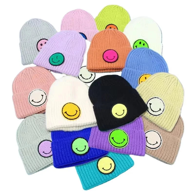 Top Quality New Fashionable Kids Winter Warm Knitted Hat Candy Colors Smile Face Wool Hat Beanie Cute Knitted Hats for Kids