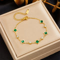 Elegant Fashion Bracelet with Light Luxury Emerald Faceted Cubic Zirconia Simple Titanium Steel Bangle