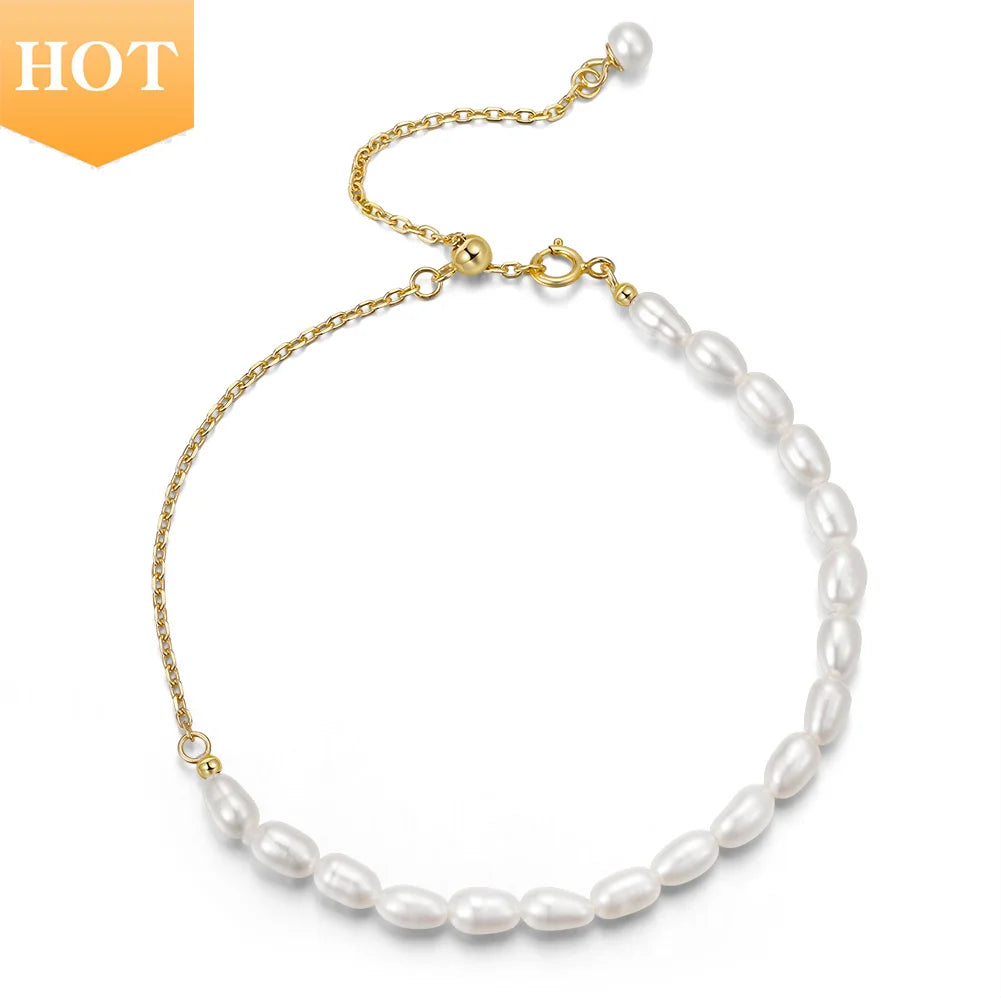 RINNTIN GPB16 Fine Jewelry 925 Sterling Silver Bracelet 14K Gold Plated Half Chain Half Cultured Freshwater Pearl Bracelet