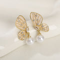 Elegant Trendy Gold-Plated Pearl Zircon Symmetric Butterfly Earrings for Women Fashionable Drop Earrings with Brass Material