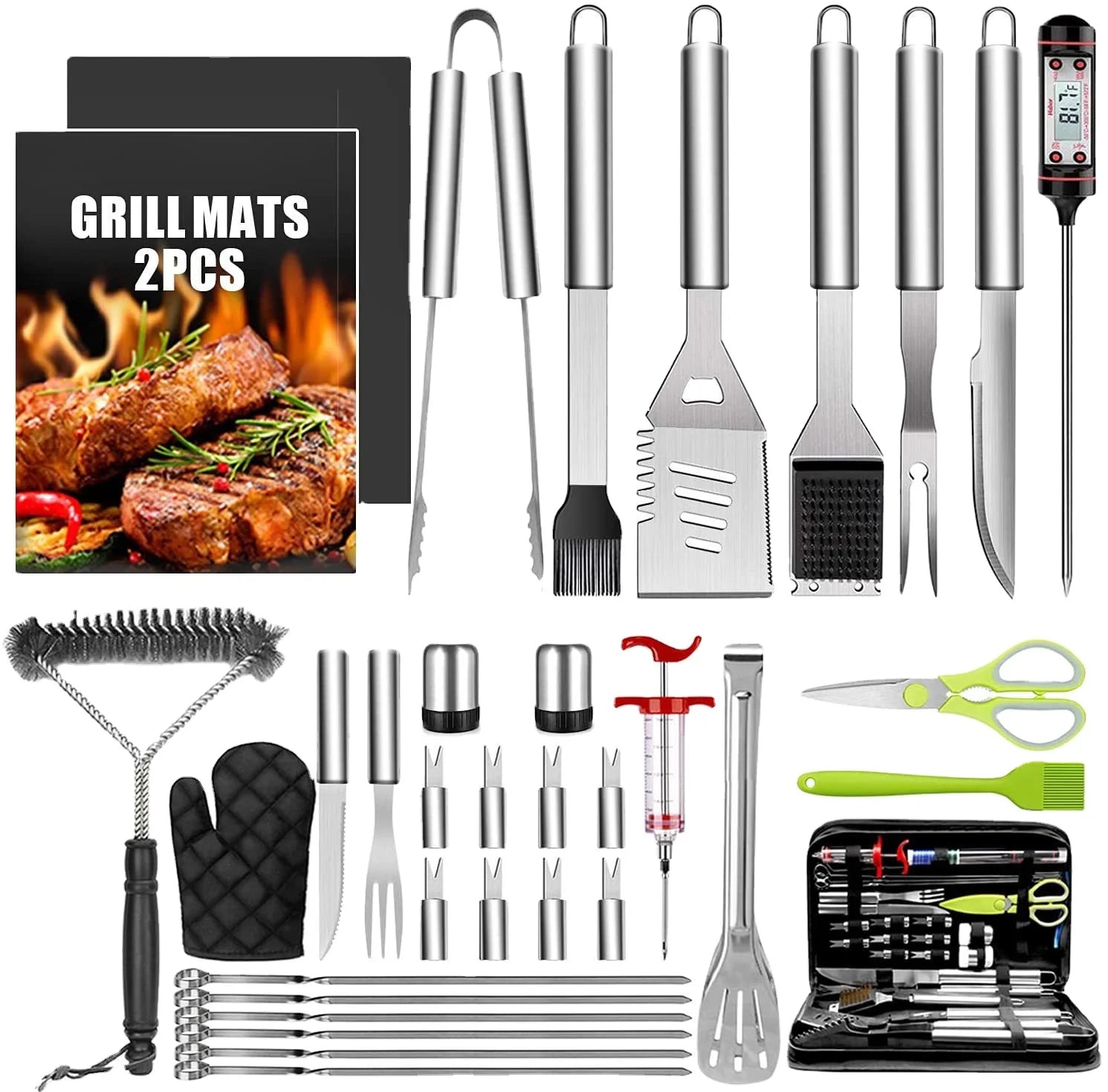 34pcs Portable Stainless Steel BBQ Tools Set Outdoor Barbecue Grill Utensils with Practical Accessories