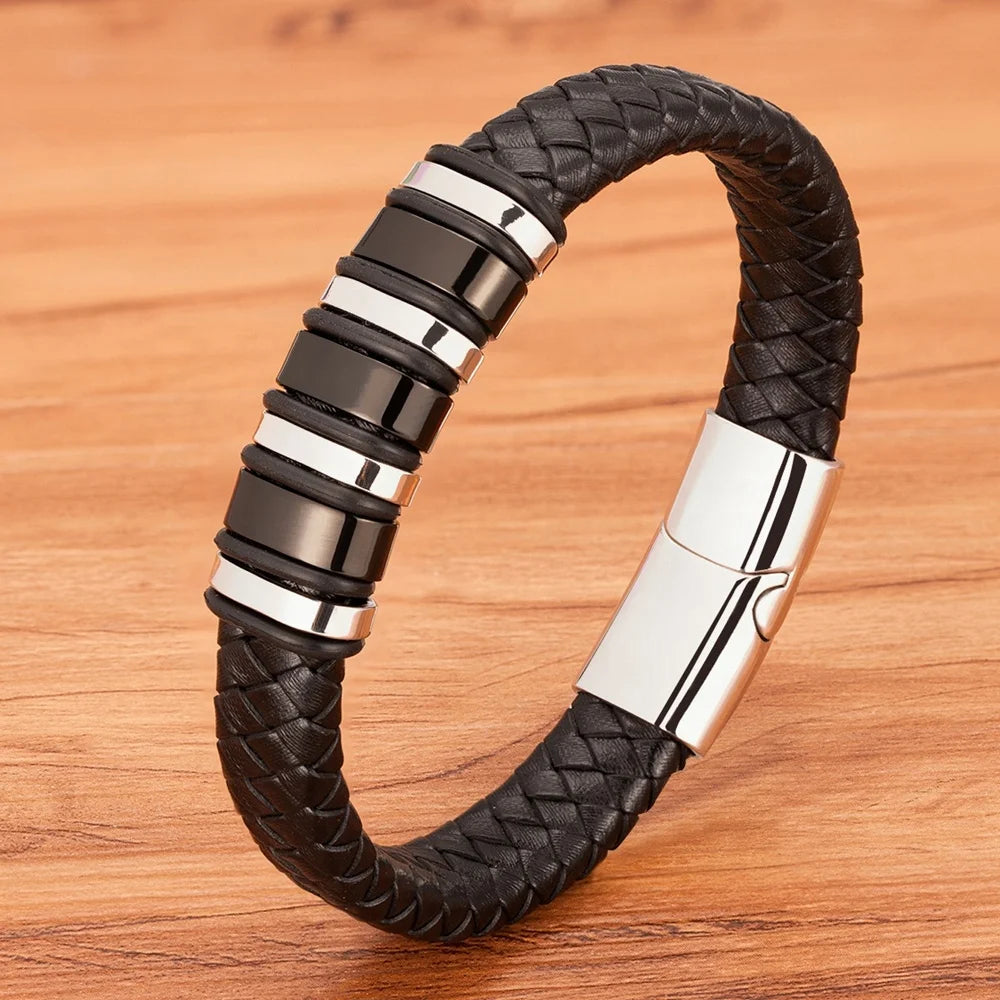 New Fashion Multi-layer 4 Colors Stainless Steel Mens Leather Bracelet Designer Charms Bangles Handsome Boy Simple Jewelry Gift