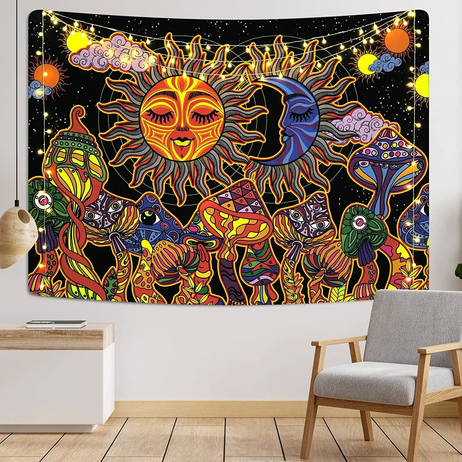 Skull Decoration Woven Printed Psychedelic Trippy Mushroom Moon Wall Tapestry 100% Cotton/Polyester Customizable for Bedroom