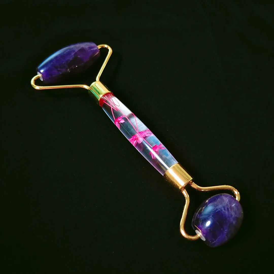 Huiying Wholesale natural stone handheld flower handle amethyst roller quartz for face slimming