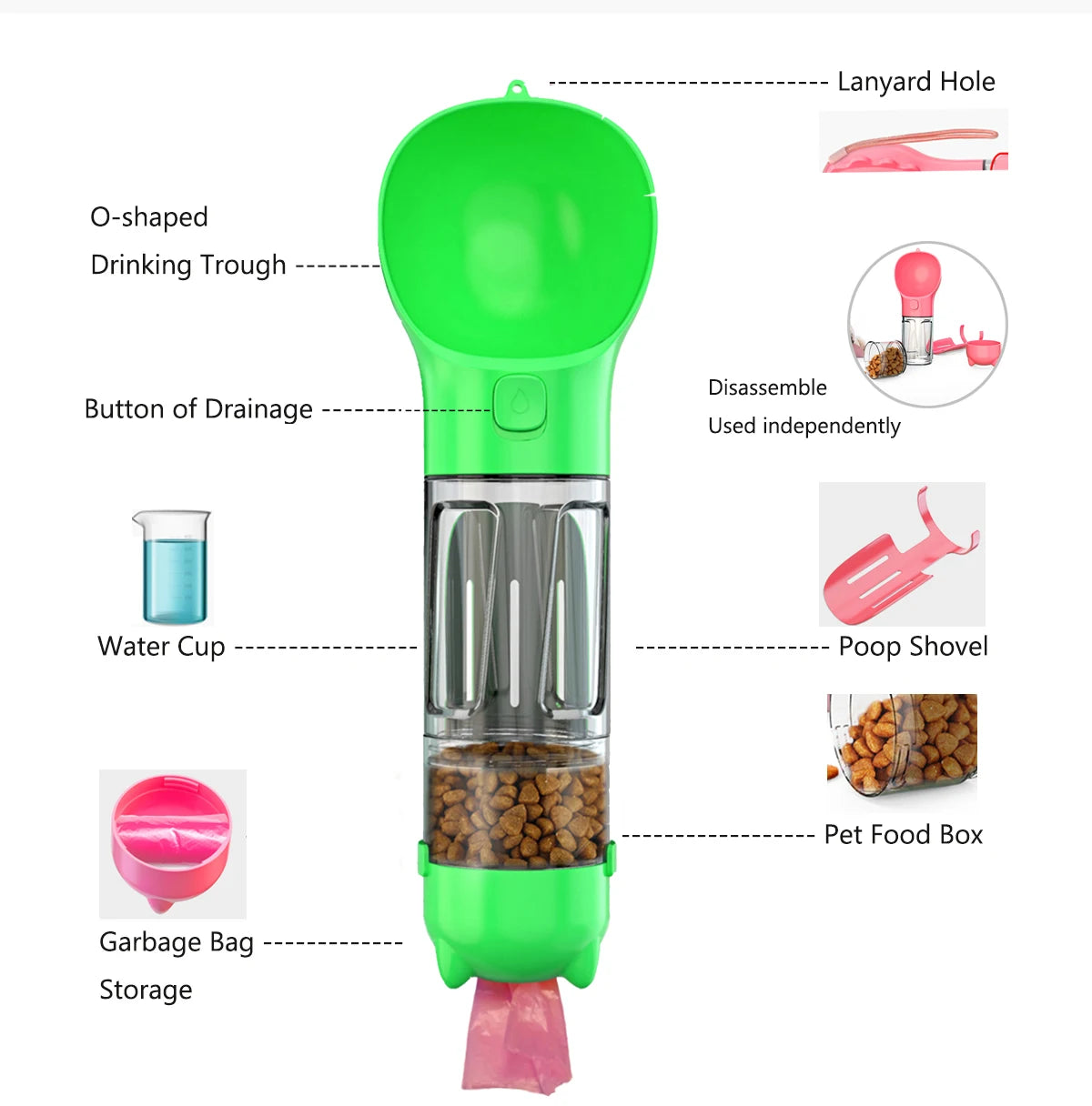 China Factory Supply Friendly Multi-function Pet Dog Travel Water Bottle With Food Box 4 Usages 300 ml