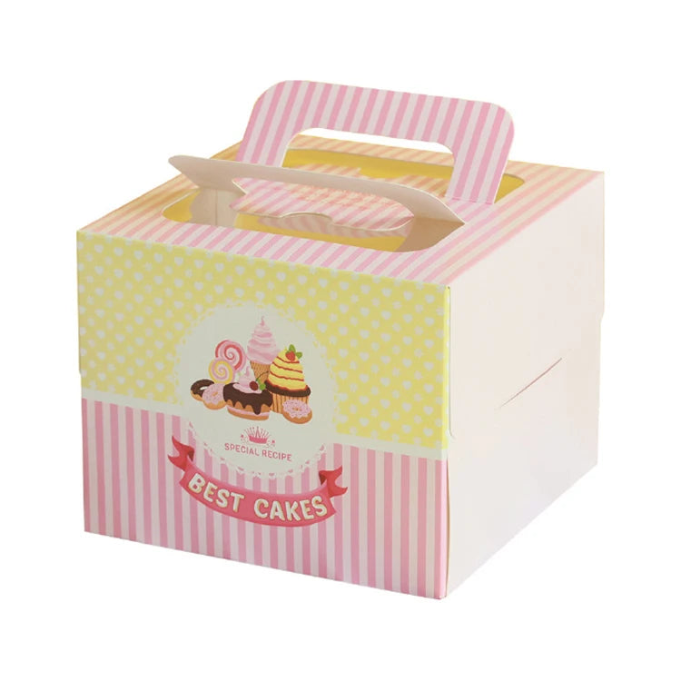 Custom Printed Recycled Square Pink Art Paper Gift Boxes Tall Cake Packaging with Top Handle and Window Food Grade Carton