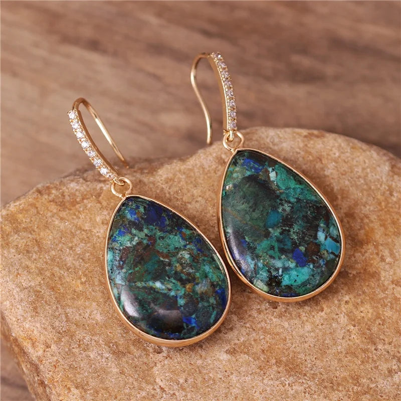 Exquisite Natural Stone Chrysocolla Teardrop Dangle Drop Earrings Ethnic Zircon Hook Stud Earrings High End Jewelry Wholesale