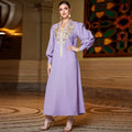 Fashion Dubai Women's Galabiyat Turkish Pure Handwork Diamonds Full Sleeve Special Neck Loose Clothing Muslim Casual Dresses