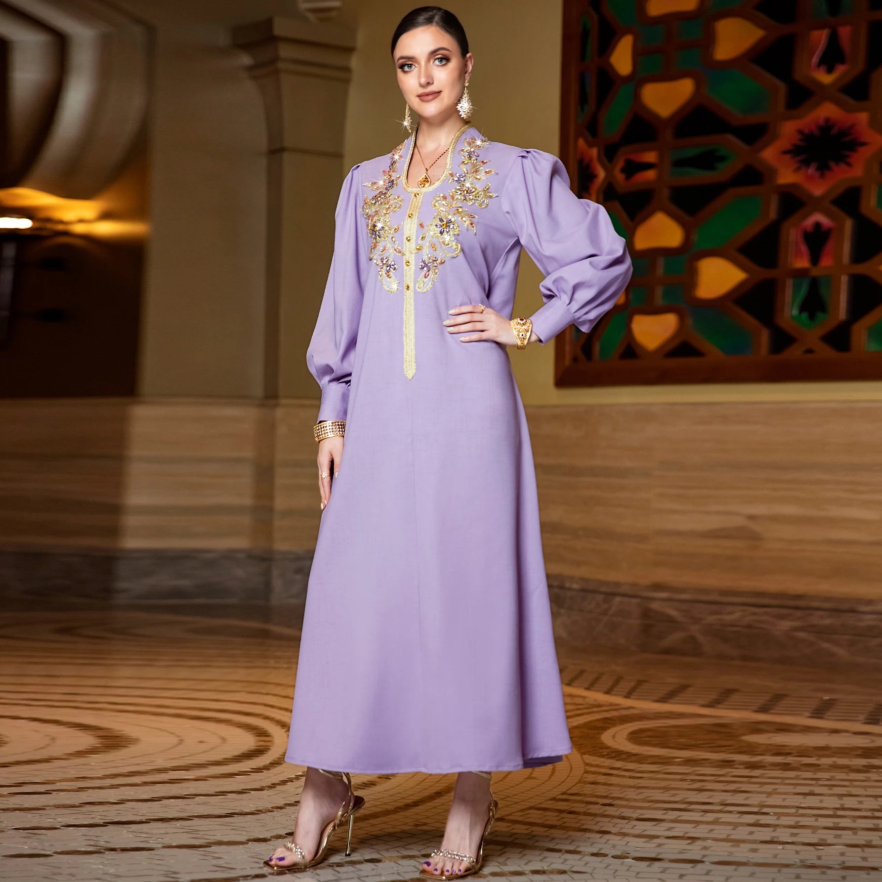 Fashion Dubai Women's Galabiyat Turkish Pure Handwork Diamonds Full Sleeve Special Neck Loose Clothing Muslim Casual Dresses