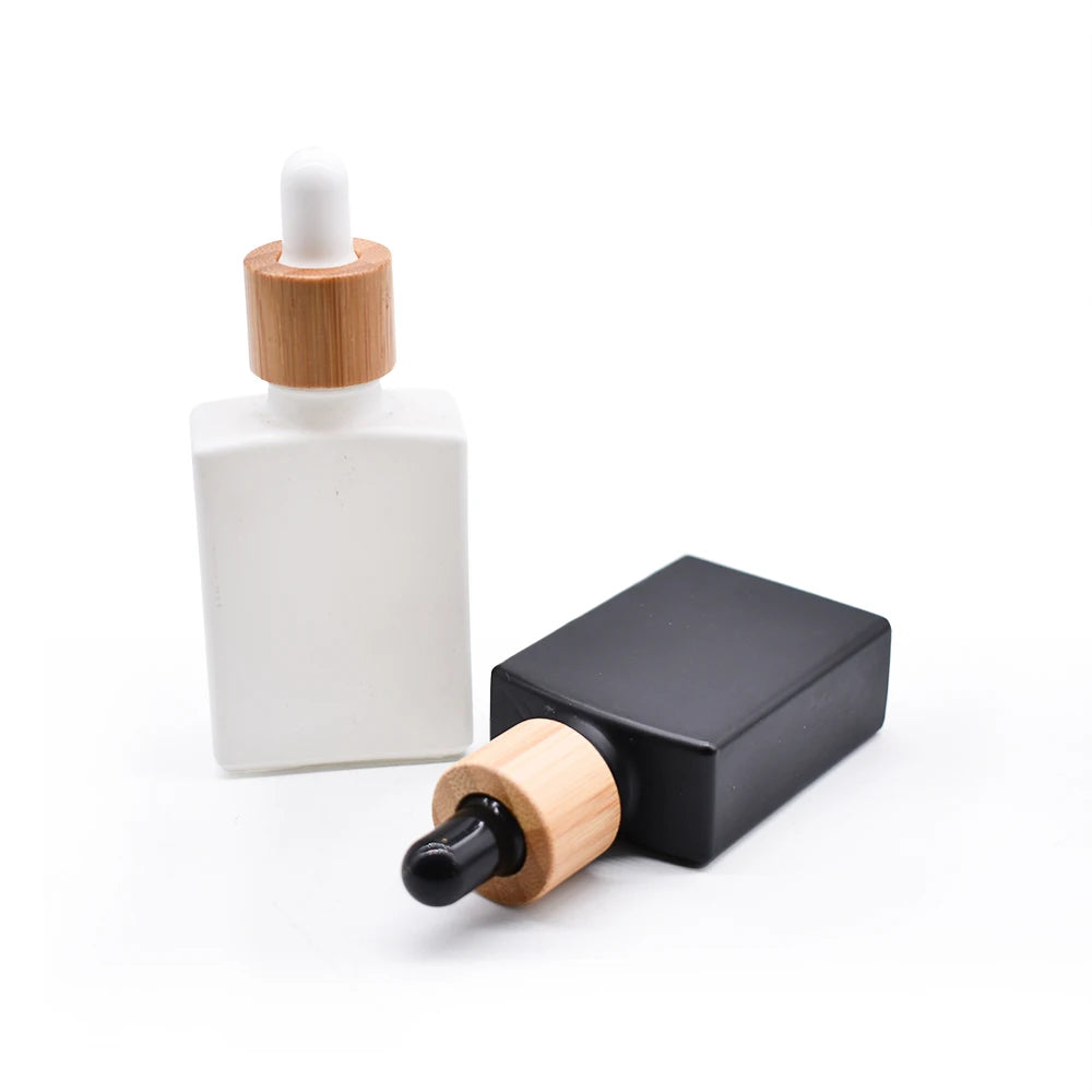 In Stock Matte Black White Rectangular square Glass Perfume Bottles Empty  Bottle With Bamboo Dropper Cap