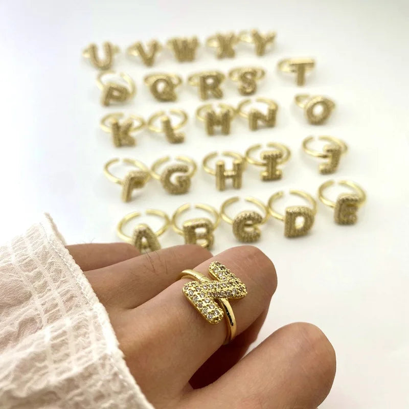 Wholesale Rings 18K Gold Plated Brass Gemstone Rings Trendy Alphabet Letter Rings