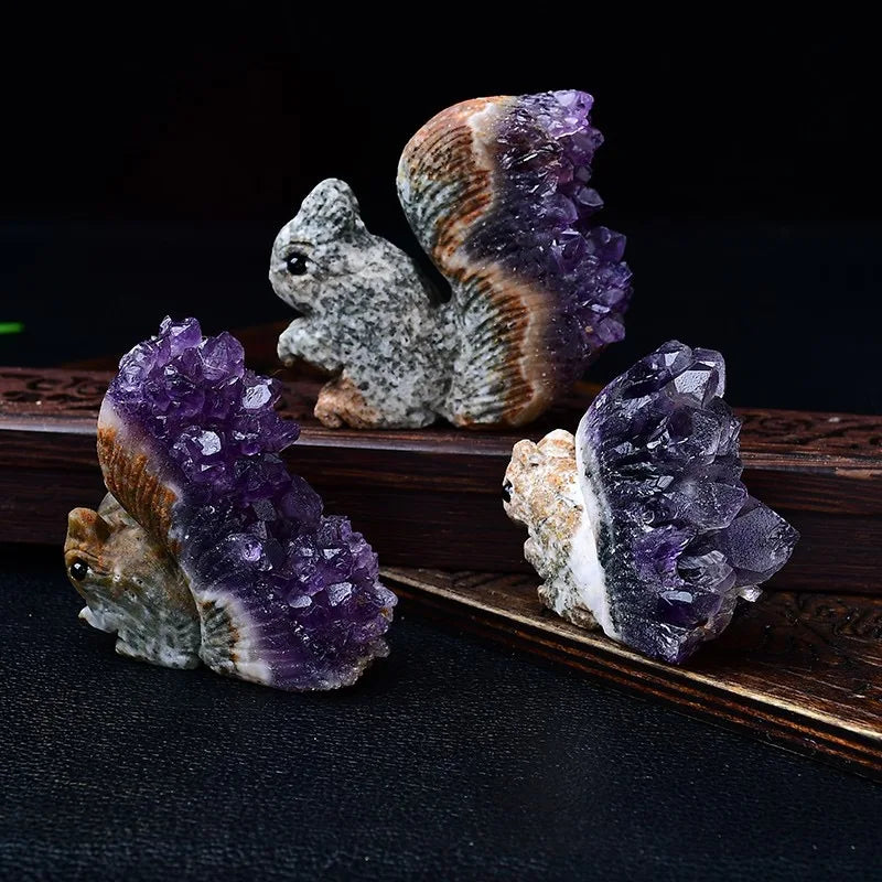 Uruguayan Natural Amethyst Cluster Squirrel Small Statue Crystal Stone Carving Home Living Room Decoration