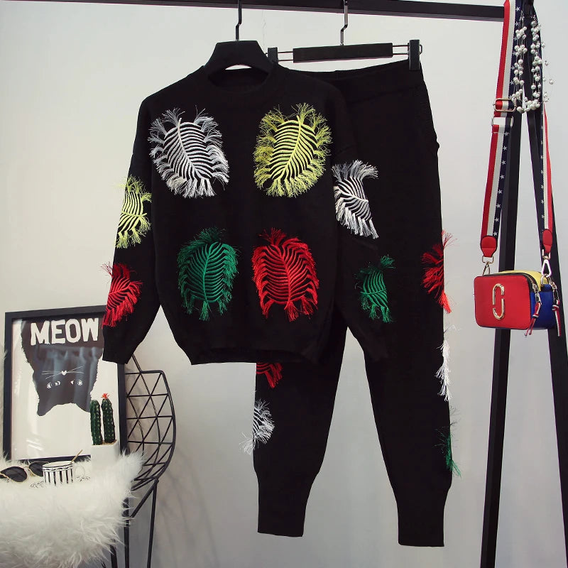 A8360 Ready to Ship Causal Outfit Style Embroidered Tassel Black Women Suit Fashion Two Piece Set