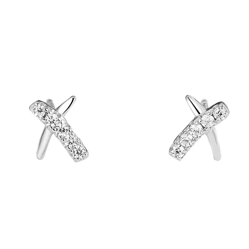 Minimalist 925 sterling silver CZ diamond cross shape stud earrings for women