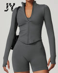 Joyyoung Wholesale Fitness 5 Piece Women Gym Yoga Wear Set Workout Seamless Long Sleeve Sports Suit Hoodie Yoga Set