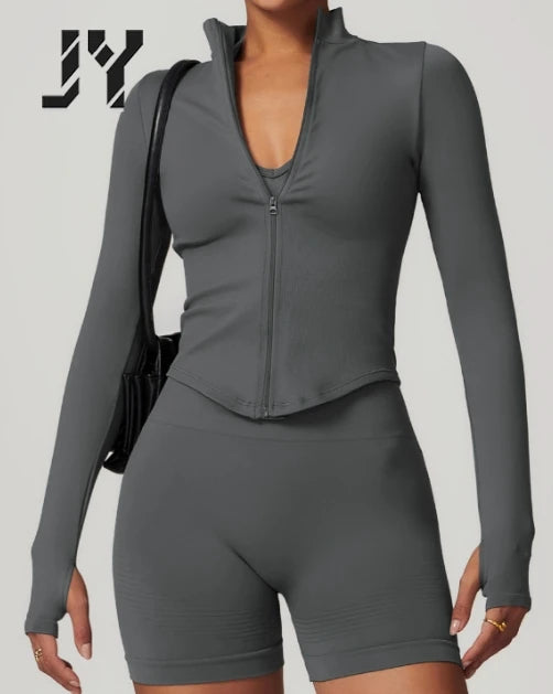 Joyyoung Wholesale Fitness 5 Piece Women Gym Yoga Wear Set Workout Seamless Long Sleeve Sports Suit Hoodie Yoga Set