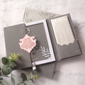 Luxury Custom Hardcover Velvet Gate Fold Wedding Invitation with Silver Ribbon Liner Envelope Pink Acrylic Tag Cement Fog Grey