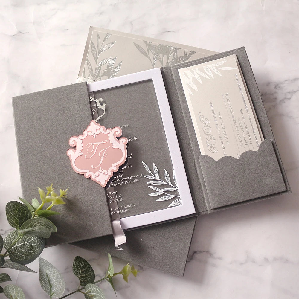 Luxury Custom Hardcover Velvet Gate Fold Wedding Invitation with Silver Ribbon Liner Envelope Pink Acrylic Tag Cement Fog Grey