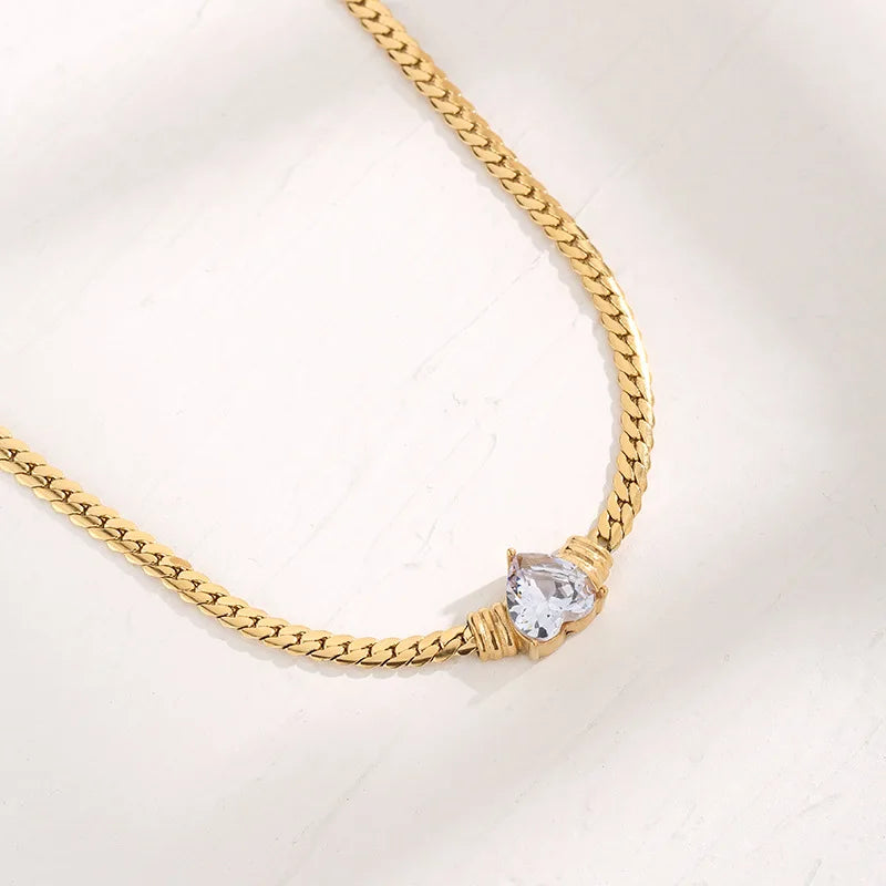 Heart Zircon Stone Blade Snake Chain Pendant Charm Necklace for Women Stainless Steel Fashion Jewelry PVD Gold Collarbone Chain
