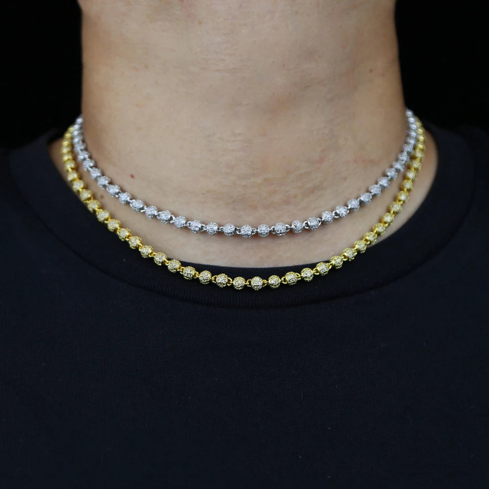 DUYIZHAO Hot Selling Hip Hop Style Round Shape Beaded Chain Necklace Brass Cubic Zirconia Gold Plated Fashion Jewelry Necklace
