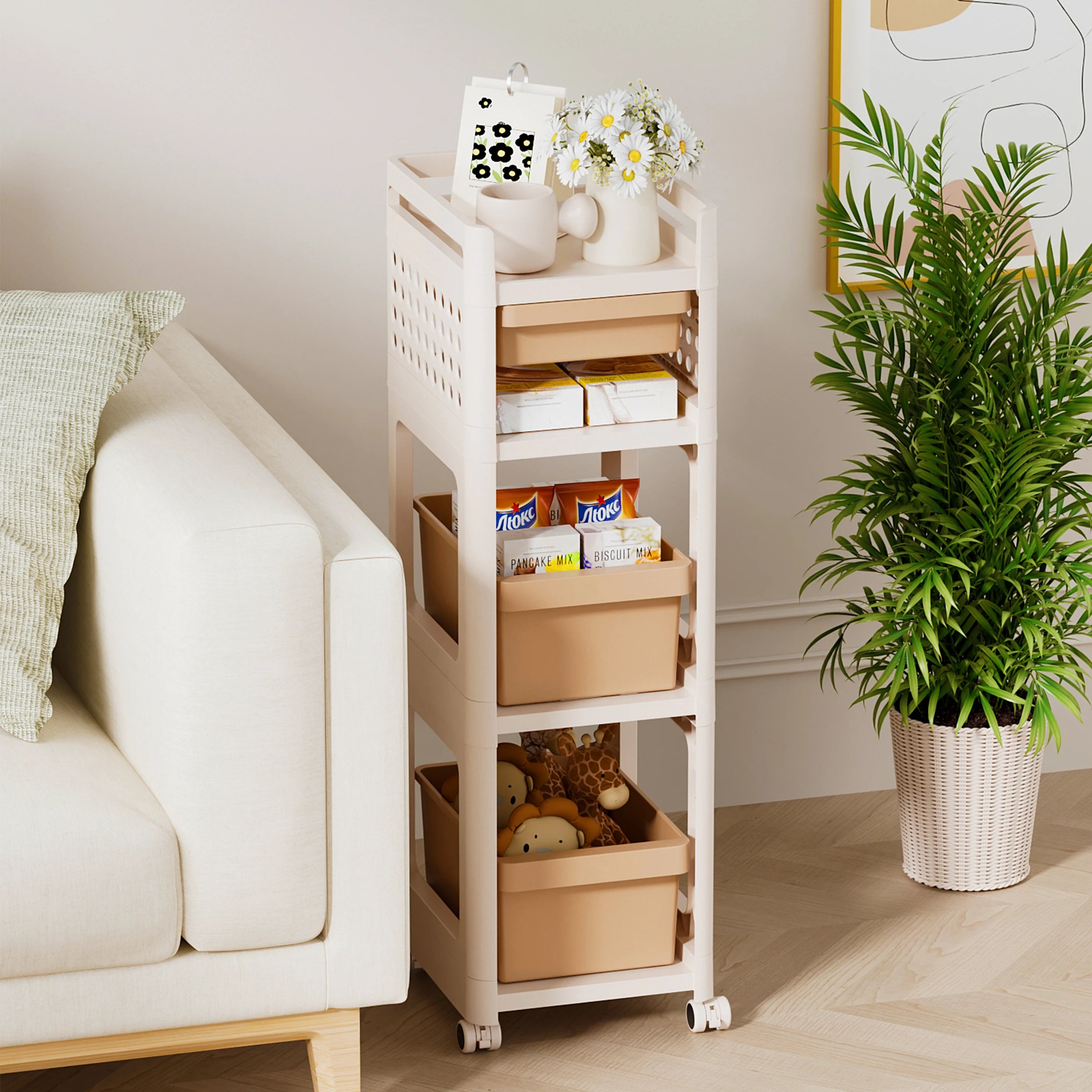 Toy Storage Trolley Bookshelf Snack Rack Portable Storage Organizer with Wheels for Bathroom Closet or Kitchen Accessories
