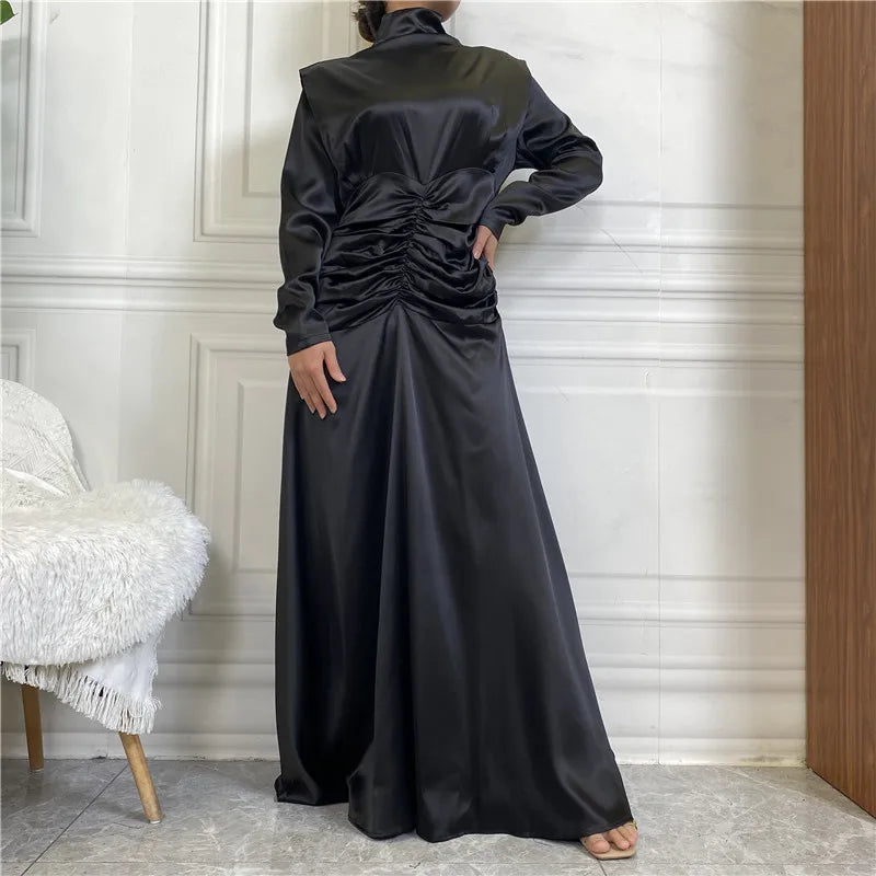 Fashion Islamic Clothing Abayas  Middle East Dubai New Smooth Thick Satin High Neck Elastic Fold for Women