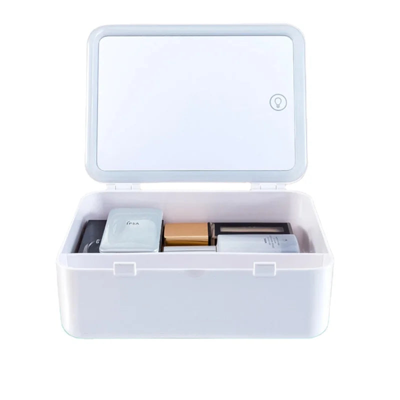 Makeup Organizer Box With LED Light Mirror Portable Travel Makeup Cosmetics Organizer Touch Light Storage Makeup Case